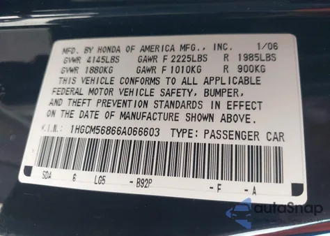 2006 Honda Accord 2.4 Ex from USA, damaged, VIN 1HGCM56866A066603